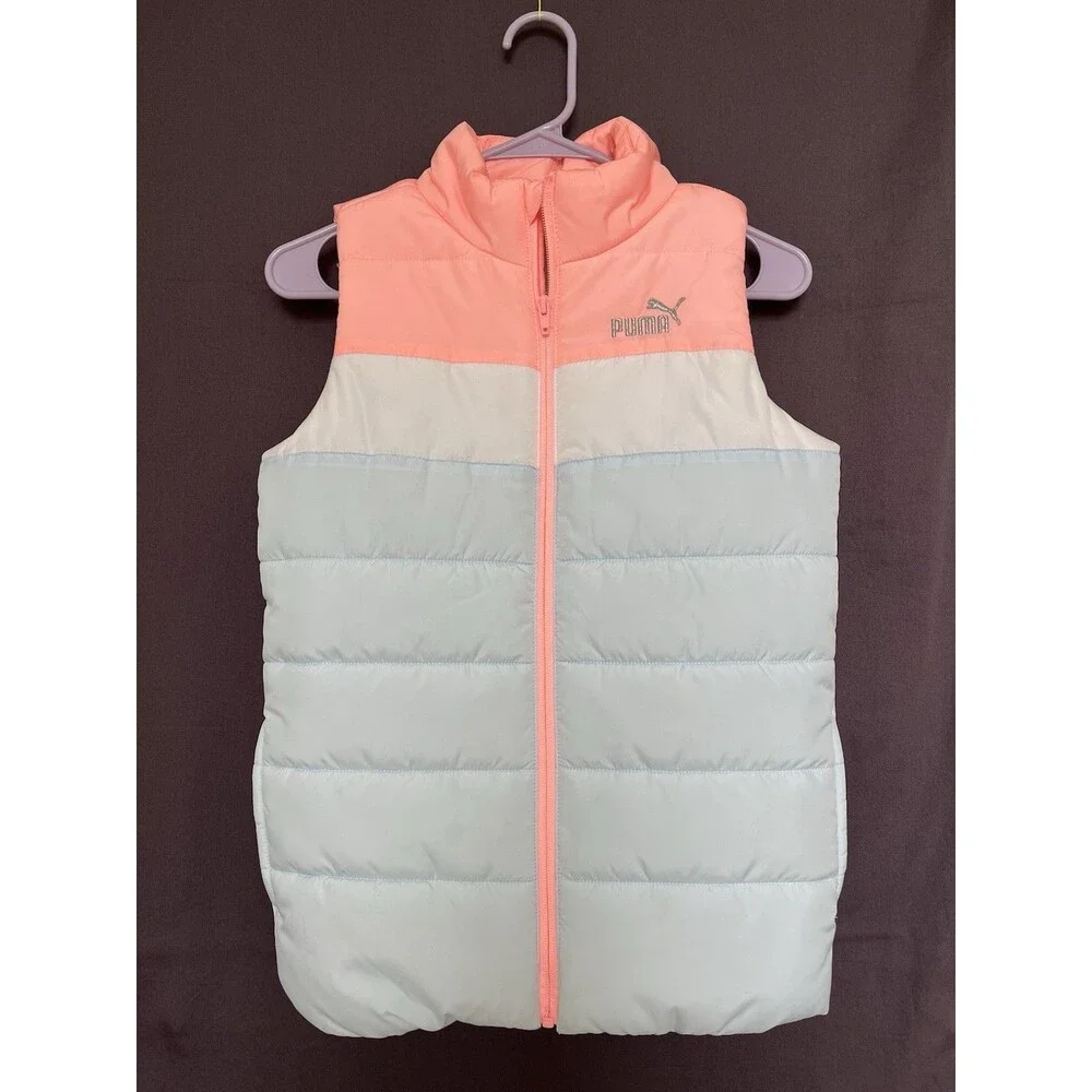 PUMA Kids Colorblock Puffer Vest, Size M (10/12), Pink/White/Blue — NWOT